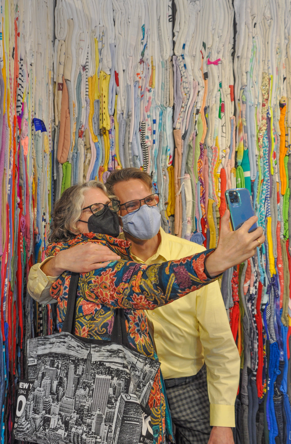 Artist-in-residence Derick Melander and fan Laura Sue King grabbed a selfie-opportunity in front of Melander's nearly one-ton all-fabric piece titled "The Witness," which is on display through April 23 at 65 Main St. in Livingston Manor, NY .